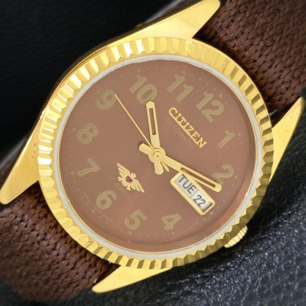 Vintage 1990 Citizen Automatic Mens Gold Watch W/daydate & Brown accents